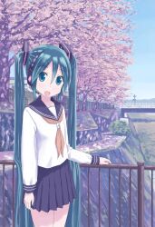  aqua_eyes aqua_hair commentary_request female hatsune_miku isou_nagi kyoto long_hair neckerchief open_mouth photoshop_(medium) railing real_world_location school_uniform serafuku skirt solo tree twintails very_long_hair vocaloid 