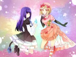  2girls bad_id bad_pixiv_id beret blonde_hair blue_hair bow dress elbow_gloves frederica_bernkastel gloves hairbow hat inaho_(assanmiho) lambdadelta legs long_hair looking_back multiple_girls okaasan_to_issho pink_hat purple_eyes red_eyes short_hair smile socks spoo striped_clothes striped_socks tail umineko_no_naku_koro_ni 