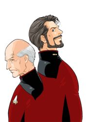  2boys animification back-to-back bald beard black_hair blue_eyes commentary_request facial_hair green_eyes jean-luc_picard multiple_boys nyan_co3 old old_man star_trek star_trek:_the_next_generation starfleet_uniform uniform white_hair william_riker 