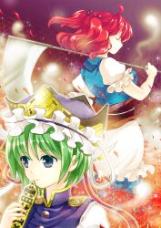  2girls ahoge arm_up bad_id bad_pixiv_id blue_eyes breasts buttons closed_eyes flower fuusha green_hair hair_bobbles hair_ornament hat hat_ribbon hitodama holding holding_scythe holding_weapon light_particles light_smile lips looking_away medium_breasts multiple_girls onozuka_komachi over_shoulder petals portrait profile puffy_sleeves purple_background red_flower red_hair ribbon rod_of_remorse sash scythe shiki_eiki short_hair short_sleeves skirt spider_lily touhou two_side_up vest weapon weapon_over_shoulder wind 