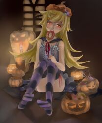  blonde_hair commentary_request doughnut fangs female food halloween jack-o&#039;-lantern long_hair monogatari_(series) nemeko nisemonogatari oshino_shinobu red_eyes solo 