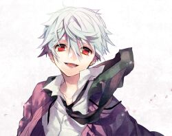  1boy akise_aru commentary_request hood hooded_jacket jacket male_focus mirai_nikki necktie open_mouth red_eyes shirt simple_background smile solo tears tibino upper_body white_hair white_shirt 