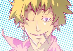  1boy ;) bad_id bad_pixiv_id bakemonogatari biting blonde_hair blue_eyes cross cross_earrings earrings facial_hair goatee jewelry male_focus monogatari_(series) one_eye_closed oshino_meme pencil rokuno single_earring smile solo 