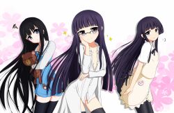  3girls apron bad_id bad_pixiv_id black_hair blue_eyes commentary_request crossover daisy_(working!!) dress_shirt glasses inu_x_boku_ss kami-sama_no_memo-chou long_hair look-alike multiple_girls no_panties pantyhose purple_hair shionji_yuuko shirakiin_ririchiyo shirt stuffed_animal stuffed_toy teddy_bear thighhighs tom-ani working!! yamada_aoi 