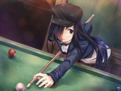  alternate_costume ball bent_over billiard_ball billiards black_bow black_bowtie black_hair bow bowtie burn_scar cabbie_hat casual cue_stick dutch_angle female game_cg hair_over_one_eye hat ikezawa_hanako katawa_shoujo long_hair playing_games pool_table purple_eyes scar solo table 