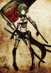  akasia black_shorts commentary_request female green_hair grin hammer headband highres horns original pointy_ears red_eyes short_hair shorts smile solo sword weapon 