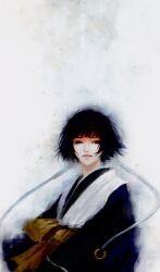  black_eyes black_hair bleach commentary_request female japanese_clothes long_hair photoshop_(medium) short_hair short_hair_with_long_locks simple_background solo sui-feng sun_dou white_background 