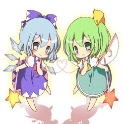  2girls ascot blue_eyes blue_hair bow chibi cirno commentary_request daiyousei dress green_eyes green_hair hair_ribbon hairbow heart holding ice ice_wings multiple_girls ramudia_(lamyun) ribbon smile star_(symbol) string string_of_fate touhou wand wings 