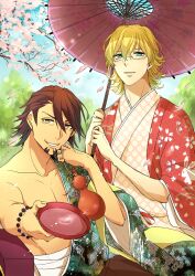  2boys alcohol bad_id bad_pixiv_id bare_shoulders barnaby_brooks_jr. blonde_hair blue_eyes brown_eyes brown_hair cherry_blossoms cup drink facial_hair flower giving glasses gourd haori holding incoming_drink japanese_clothes kaburagi_t._kotetsu kimono looking_at_viewer multiple_boys oil-paper_umbrella parasol petals sakazuki sake shivue short_hair stubble tiger_&amp;_bunny tree umbrella 