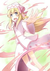  :d alternate_costume blonde_hair blue_eyes blush bow commentary_request female hairbow hat kneepits lily_white long_hair open_mouth outstretched_arms smile solo touhou yutamaro 