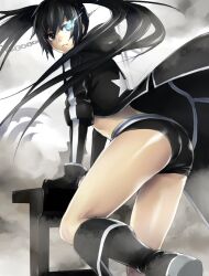  ass bad_id bad_pixiv_id black_hair black_rock_shooter black_rock_shooter_(character) black_shorts boots coat female flaming_eye glowing legs long_hair shiny_skin shiromi_(ringo) short_shorts shorts solo thighs twintails 