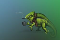  3:2 4_toes chameleon conditional_dnp container cup english_text feet feral flap-necked_chameleon green_body green_skin holding_container holding_cup holding_object lizard looking_at_viewer male meme pipe reptile scalie scarf smoking_pipe solo tail text toes tojo_the_thief you_don&#039;t_say zygodactyl 