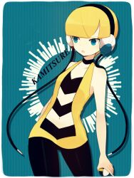  ayu_(mog) bad_id bad_pixiv_id bare_shoulders blonde_hair blue_eyes character_name cowboy_shot elesa_(pokemon) female headphones navel pantyhose poke_ball pokemon pokemon_bw short_hair sleeveless solo 