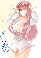  ahoge bad_id bad_pixiv_id blue_eyes breasts cleavage female large_breasts long_hair megurine_luka no_bra open_clothes open_shirt pink_hair sleepy solo sterilizedgauze-qhx vocaloid 