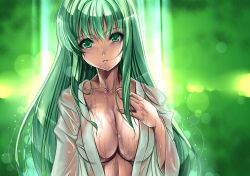  breasts cleavage commentary_request female green_eyes green_hair hand_on_own_chest kochiya_sanae large_breasts long_hair open_clothes open_shirt parted_lips saburou_(hgmg) see-through solo touhou wet wet_clothes 