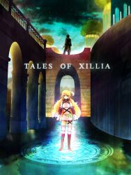  1boy bad_id bad_pixiv_id blonde_hair boots copyright_name elbow_gloves female gloves jude_mathis long_hair magic_circle milla_maxwell navel skirt sky standing standing_on_liquid star_(sky) starry_sky tales_of_(series) tales_of_xillia thighhighs water xxxceller 