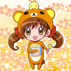  :d animal_costume bad_id bad_pixiv_id brown_eyes brown_hair eyelashes female floral_background food full_body fuu-chan_(precure) hat isumi_(i-spixi) long_hair low_twintails open_mouth photoshop_(medium) popcorn precure precure_all_stars_new_stage:_mirai_no_tomodachi rilakkuma sakagami_ayumi san-x smile solo star_wand twintails very_big_eyes wand yellow_background 