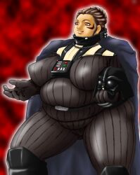  animification breasts brown_hair cape commentary_request darth_vader fat female genderswap_(mtf) helmet highres huge_breasts photoshop_(medium) red_eyes rule_63 short_hair solo star_wars tongue tongue_out zanku_(zanku7) 