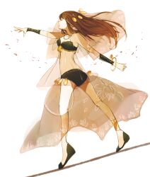  bracelet brown_hair closed_eyes commentary_request dancer dancing dress female hair_ornament harem_outfit jewelry long_hair original outstretched_arm petals revealing_clothes see-through simple_background solo walking white_background xxxceller 