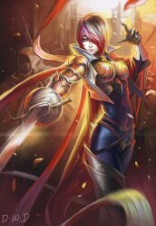  armor banned_artist blue_eyes bodysuit fiora_laurent highres league_of_legends multicolored_hair rapier scarf short_hair signature smile solo sword weapon yinan_cui 