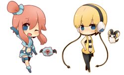  2girls ;d blonde_hair blue_eyes chibi commentary_request crop_top elesa_(pokemon) emolga hand_on_own_hip headphones kofa_(ikyurima) looking_at_viewer midriff multiple_girls navel one_eye_closed open_mouth pantyhose pink_hair pokemon pokemon_(creature) pokemon_bw simple_background skyla_(pokemon) smile standing suspenders white_background woobat 