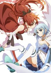  2girls blue_eyes blue_hair boots cape commentary_request detached_sleeves gloves hair_ribbon knee_boots long_hair mahou_shoujo_madoka_magica mahou_shoujo_madoka_magica_(anime) miki_sayaka miki_sayaka_(magical_girl) multiple_girls oiun ponytail red_eyes red_hair ribbon sakura_kyoko sakura_kyoko_(magical_girl) short_hair skirt thighhighs white_cape 