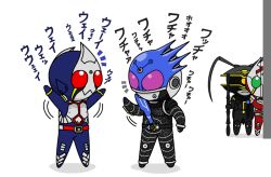  4boys actor_connection antennae arms_up belt commentary_request kamen_rider kamen_rider_blade kamen_rider_blade_(series) kamen_rider_fourze_(series) kamen_rider_garren kamen_rider_meteor libra_zodiarts multiple_boys peeking_out redol staff translated 