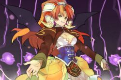  bad_id bad_pixiv_id breasts brown_eyes corset cropped_jacket electricity female grandia grandia_ii grin large_breasts lok-tar long_hair millenia_(grandia) orange_hair photoshop_(medium) purple_background smile solo wings 