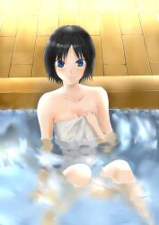  absurdres amagami ameyoshi bad_id bad_pixiv_id bathing black_hair blue_eyes blush female highres light_smile naked_towel nanasaki_ai onsen short_hair solo towel 