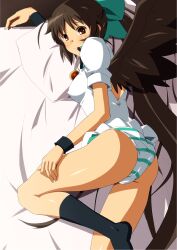  ass bed black_hair black_socks black_wings bow breasts commentary_request covered_nipples female green_bow hair_ribbon hairbow jewelry kneehighs large_breasts legs long_hair looking_back lying necklace no_pants no_shoes on_bed on_side panties pillow red_eyes reiuji_utsuho ribbon shin&#039;ya_(nanp) smile socks solo striped_clothes striped_panties touhou underwear wings wrist_cuffs 