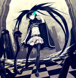  black_hair black_rock_shooter black_rock_shooter:_innocent_soul black_rock_shooter_(character) blue_eyes boots checkered_floor commentary_request female flaming_eye glowing highres infinote long_hair looking_at_viewer nail_polish ron_(black_rock_shooter) snake thigh_boots thighhighs twintails zettai_ryouiki 