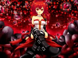  armband bad_id bad_pixiv_id boots breasts broken_heart choker cleavage crossed_legs cul female headset heart jacket large_breasts long_hair ponytail red_eyes red_hair red_theme rimu01 shorts sitting solo striped_clothes striped_thighhighs thighhighs vocaloid 