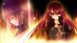  2girls alastor_(shakugan_no_shana) bad_id bad_pixiv_id brown_hair coat commentary_request fire highres jewelry kasumine_ayumu long_hair multiple_girls pendant red_eyes red_hair school_uniform serafuku shakugan_no_shana shana short_hair tears yoshida_kazumi 