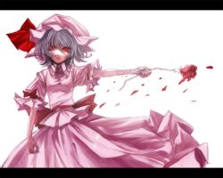  bad_id bad_pixiv_id bow breasts buttons closed_mouth collared_shirt cowboy_shot expressionless female flower frilled_shirt_collar frilled_sleeves frills grey_hair hair_between_eyes hat hat_ribbon lastdark letterboxed long_bangs looking_at_viewer mob_cap outstretched_arm petals pink_hat pink_shirt pink_skirt puffy_short_sleeves puffy_sleeves red_bow red_eyes red_flower red_ribbon red_rose red_sash remilia_scarlet ribbon rose sash scratches self-harm_scar shirt short_hair short_sleeves simple_background skirt skirt_set sleeve_bow slit_pupils small_breasts solo touhou white_background wrist_cutting 