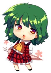  arms_behind_back ascot bad_id bad_pixiv_id blush chibi closed_umbrella female green_hair kazami_yuuka matatabi_maru open_mouth red_eyes shirt short_hair skirt skirt_set solo touhou umbrella vest 