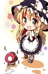  +_+ blonde_hair blush bow brown_eyes chibi commentary_request dress female hairbow hat hat_bow highres kirisame_marisa long_hair mushroom oerba_yun_fang open_mouth own_hands_together ramudia_(lamyun) solo sparkle touhou white_bow witch_hat 