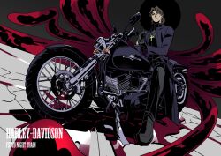  1boy brown_eyes brown_hair cassock cheekbones commentary_request cross cross_necklace fate/stay_night fate_(series) harley_davidson high_contrast jewelry kon_manatsu kotomine_kirei male_focus motor_vehicle motorcycle necklace photoshop_(medium) solo 