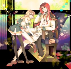  blonde_hair chair gloves green_eyes kiryuu_nanami kiryuu_touga long_hair purple_eyes red_hair shoes shoujo_kakumei_utena skirt thighhighs 