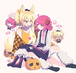  2girls :d animal_ears bat_(animal) black_skirt black_socks blonde_hair blush bug chibi chibi_inset commentary english_commentary fox_ears fox_girl fox_tail ghost highres horns jack-o&#039;-lantern jacket jess_(p2eocene) leg_warmers looking_at_viewer love_live! love_live!_nijigasaki_high_school_idol_club miyashita_ai multiple_girls oerba_yun_fang off_shoulder open_mouth orange_eyes orange_jacket orange_tank_top pink_hair plaid plaid_jacket ponytail shirt short_hair sitting sitting_on_lap sitting_on_person skirt skull smile socks spider suspender_skirt suspenders tail tank_top tennoji_rina white_shirt yellow_tank_top 