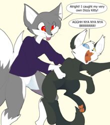  absurd_res ambiguous/ambiguous ambiguous_gender anthro clothed clothing dizzy_(dizzymilky) domestic_cat duo english_text eyeofcalamity felid feline felis feral hi_res ivan_grey_(character) mammal partially_clothed text uvula 