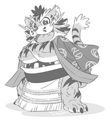  2018 anthro cute_fangs felid kemono male mammal monochrome pantherine raiden_shin&#039;emon sengoku_puzzle simple_background slightly_chubby solo sumo takajoh tiger white_background 