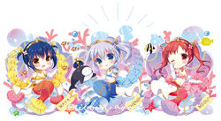  3girls :d ;o animal aono_ribbon bare_shoulders bikini blue_bikini blue_eyes blue_hair blush bow bow_bikini brown_eyes character_name chimame-tai clownfish commentary_request coral crown elbow_gloves fish gloves gochuumon_wa_usagi_desu_ka? hand_up jouga_maya kafuu_chino long_hair mermaid mini_crown monster_girl monsterification moorish_idol multiple_girls natsu_megumi one_eye_closed open_mouth parted_lips pink_bikini red_eyes red_hair smile starfish surgeonfish swimsuit tippy_(gochiusa) tropical_fish twintails white_background white_gloves yellow_bikini yellow_tang 