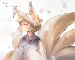  artist_name blonde_hair dress female fox_tail gin_fragrans hands_in_opposite_sleeves hat highres looking_to_the_side pillow_hat short_hair tabard tail touhou white_dress wide_sleeves yakumo_ran yellow_eyes 