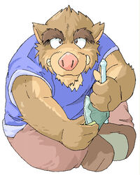  2006 anthro archived_source axe bottomwear brown_body brown_fur clothing fur gombee humanoid_hands kemono low_res male mammal melee_weapon overweight overweight_anthro overweight_male pants shirt simple_background sitting solo suid suina sus_(pig) topwear weapon white_background wild_boar 