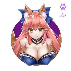  animal_ear_fluff animal_ears bare_shoulders blue_kimono blue_ribbon blush breasts chinese_commentary cleavage commentary detached_sleeves fate/extella fate/extra fate/extra_ccc fate/grand_order fate_(series) female fox fox_ears fox_girl fox_tail ge_(zmq67911029) hair_ribbon japanese_clothes kimono large_breasts looking_at_viewer multiple_tails oerba_yun_fang pink_hair ribbon solo tail tamamo_(fate) tamamo_no_mae_(fate/extra) yellow_eyes 