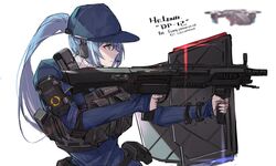  arm_guards arm_shield artist_name bangs belt blue_eyes blue_hair blue_headwear blue_sweater breasts character_name dp-12_(girls_frontline) drone expressionless female girls_frontline gun headset holding holding_gun holding_weapon large_breasts load_bearing_vest long_hair looking_afar multicolored_hair pandea_work ponytail pouch pump_action ribbed_sweater shotgun sidelocks solo standard_manufacturing_dp-12 sweater turtleneck turtleneck_sweater weapon white_background white_hair white_sweater 