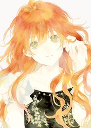  bad_id bad_pixiv_id closed_mouth commentary_request expressionless female floral_print green_eyes hair_between_eyes hand_in_own_hair hand_up head_tilt long_hair looking_at_viewer niwa_haruki orange_hair original puffy_short_sleeves puffy_sleeves short_sleeves simple_background solo upper_body wavy_hair white_background 