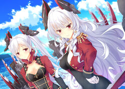  2girls absurdres black_bodysuit black_gloves blue_oath blush bodysuit braid breasts cleavage cloud cross cross_earrings day dutch_angle earrings epaulettes gloves gneisenau_(blue_oath) hair_between_eyes headgear highres iron_cross jacket jewelry large_breasts long_hair long_sleeves looking_at_another military_jacket multiple_girls ocean open_clothes open_jacket outdoors parted_bangs parted_lips photoshop_(medium) red_eyes red_jacket rigging scharnhorst_(blue_oath) sky smug takkayuuki twin_braids two_side_up very_long_hair water white_hair 