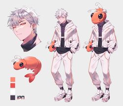  1boy absurdres alliance_(team) black_shirt character_name color_guide grey_background grey_hair hair_behind_ear hand_in_pocket highres holding holding_stuffed_toy ipn jacket looking_at_viewer looking_down male_focus multiple_views official_art orange_eyes pants papercider reference_sheet shirt shrimp_costume stuffed_shrimp stuffed_toy white_background white_footwear white_jacket white_pants 