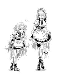  2girls alternate_hairstyle apron boots braid braided_ponytail chika_(keiin) commentary_request cosplay curtsey dier_maid_(girls&#039;_frontline) frilled_skirt frills g11_(girls&#039;_frontline) g36_(girls&#039;_frontline) girls&#039;_frontline greyscale highres long_hair maid maid_apron maid_headdress monochrome multiple_girls skirt skirt_hold 